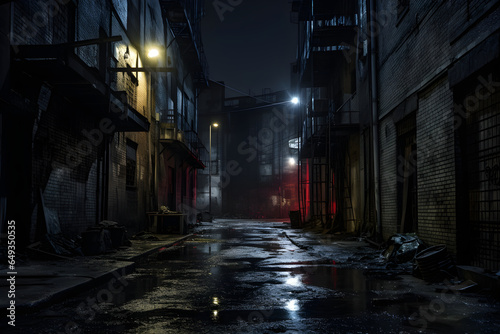 Back street alley with old city houses in rain at night, Generative AI