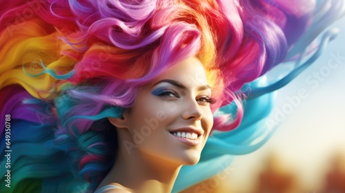 Beautiful woman with multi-colored rainbow hair and creative hairstyle.