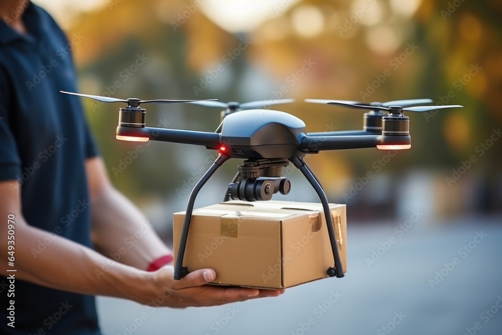 The drone is hoisting a package and shuttles through urban neighborhoods for delivery. Generative AI. The drone is hoisting a package and shuttles through urban neighborhoods for delivery. Generative AI.