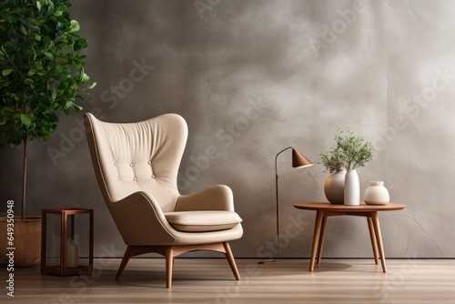 Modern beige wing chair near modern. Interior design of minimalist living room. Generative AI.