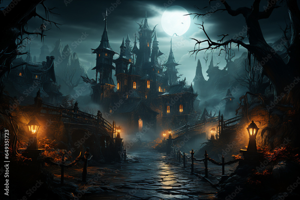 Image made with generative AI of mysterious village under moonlight sky halloween night