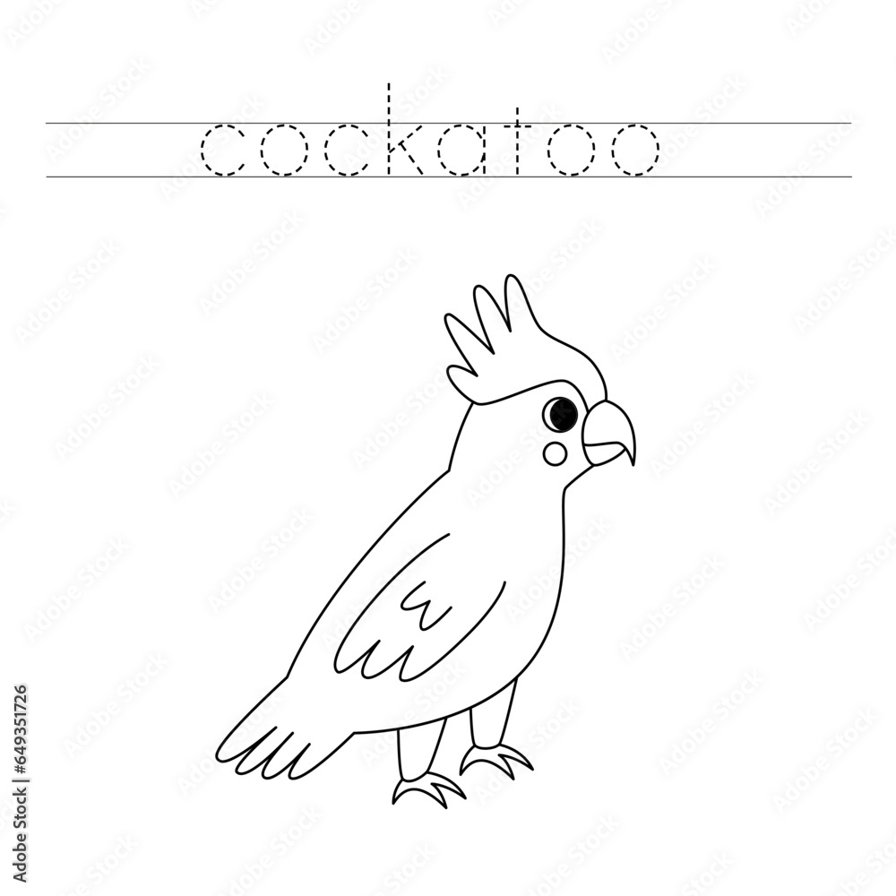 Trace the letters and color cartoon cockatoo. Handwriting practice for kids.