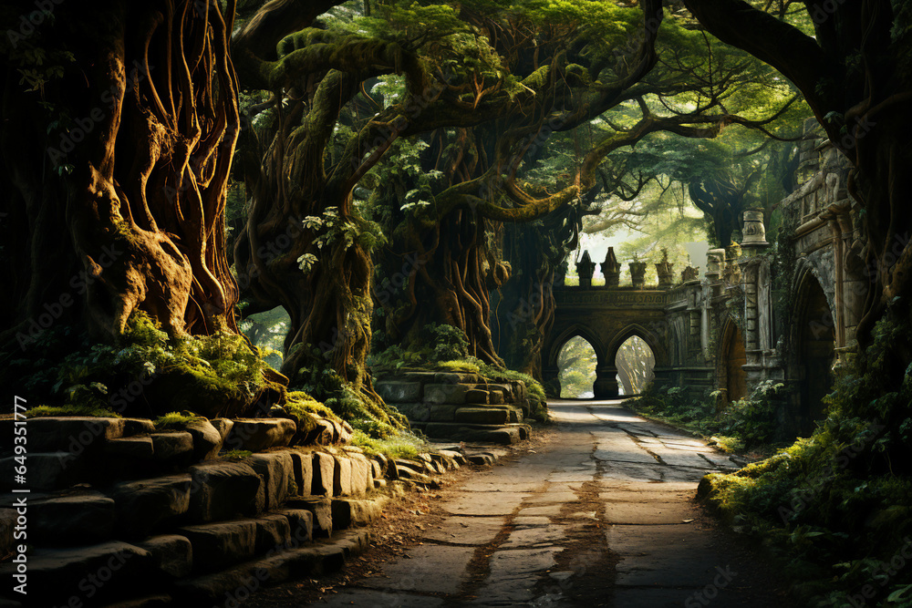 Fairy tale archway with magic light through an enchanted forest generative AI picture