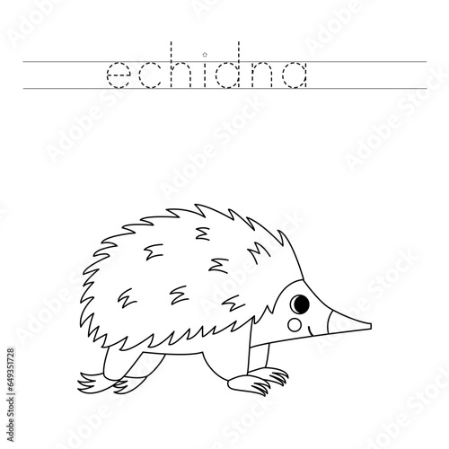 Trace the letters and color cartoon echidna. Handwriting practice for kids.