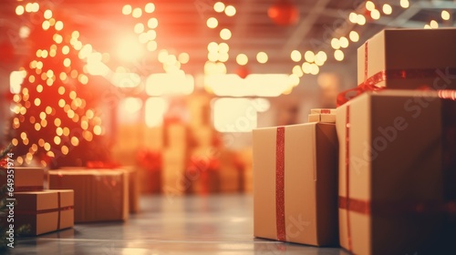 Large warehouse of Christmas gifts. Sale and delivery of goods for Christmas.