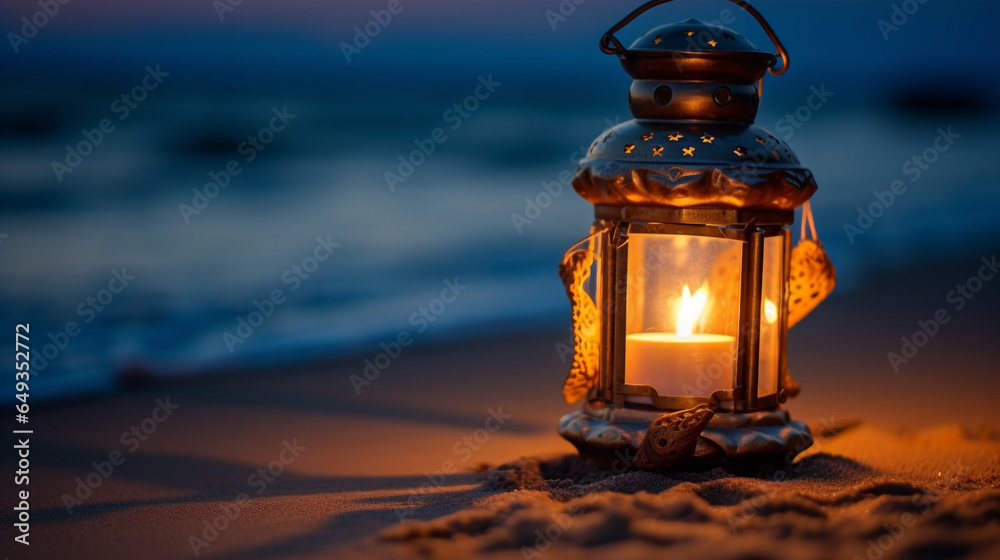 A photo of a traditional lantern placed on the beach sand at dusk. The faint lantern light illuminates the beach sand creating a gloomy and romantic atmosphere.