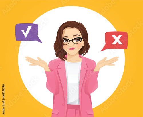 Thoughtful confused casual business woman gesture with hands making decision yes or no concept vector illustration yellow background