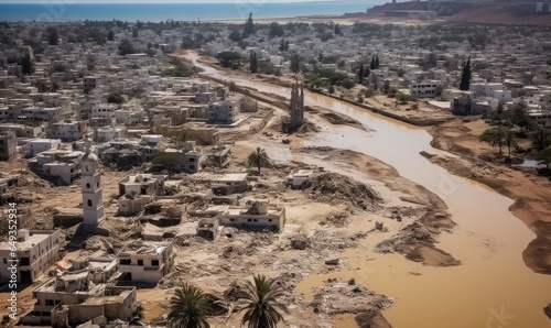Aerial view of the devastation in Derna, Libya, after a catastrophic flood. Submerged cityscape, damaged buildings, and muddy waters. No signs of life in the aftermath