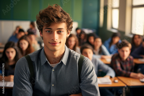Generated by AI photo of happy male brown hair student standing in classroom isolated in educational environment background