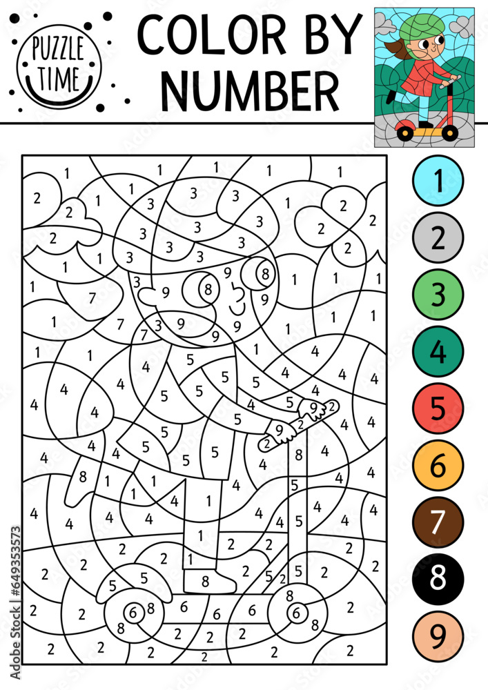Vector transportation color by number activity with girl on scooter ...