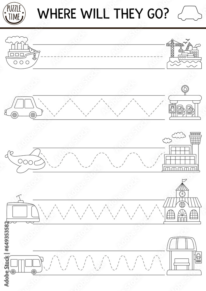 Vector transportation handwriting practice worksheet. Transport printable black and white activity for kids. Tracing game for writing skills. Coloring page with car, ship, plane, bus, places they go. - obrazy, fototapety, plakaty 