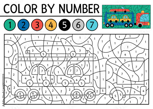 Vector transportation color by number activity with tow truck. City transport scene. Black and white counting game with lorry. Coloring page for kids with wrecker and cars.