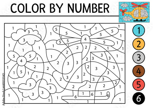 Vector transportation color by number activity with helicopter flying in the sky. Air transport scene. Black and white counting game with chopper. Coloring page for kids with aircraft .