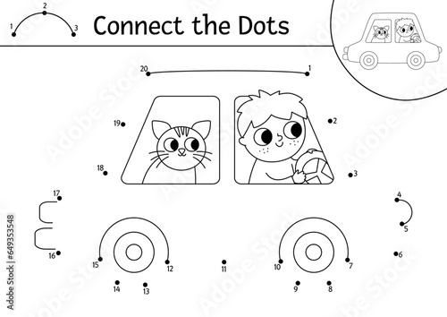 Vector dot-to-dot and color activity with cute car, driver and passenger cat. Transportation connect the dots game for children with funny auto. Transport coloring page for kids. Printable worksheet.