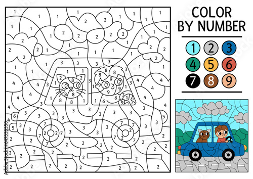 Vector transportation color by number activity with boy driving a car with passenger cat. City transport scene. Black and white counting game with automobile. Coloring page for kids with man driver.