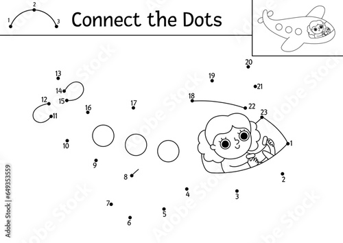 Vector dot-to-dot and color activity with cute girl flying plane. Transportation connect the dots game for children with funny airplane. Air transport coloring page for kids. Printable worksheet.