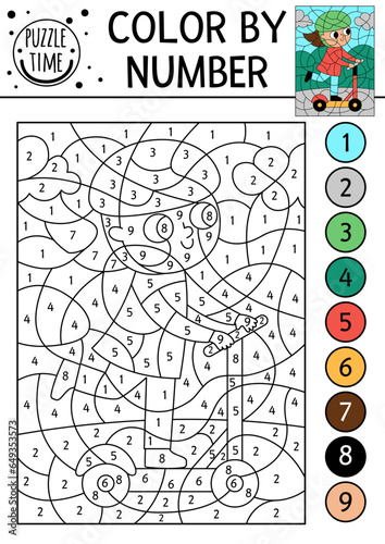 Vector transportation color by number activity with girl on scooter. City transport scene. Black and white counting game with pushscooter. Coloring page for kids with woman riding bike.