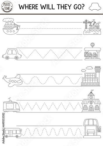 Vector transportation handwriting practice worksheet. Transport printable black and white activity for kids. Tracing game for writing skills. Coloring page with car, ship, plane, bus, places they go.