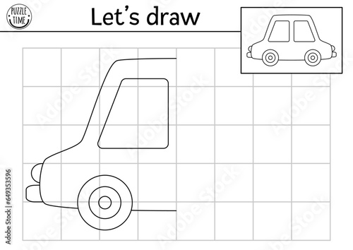 Complete the car picture. Vector transportation symmetrical drawing practice worksheet. Printable black and white activity for kids. Copy the picture transport coloring page with auto.