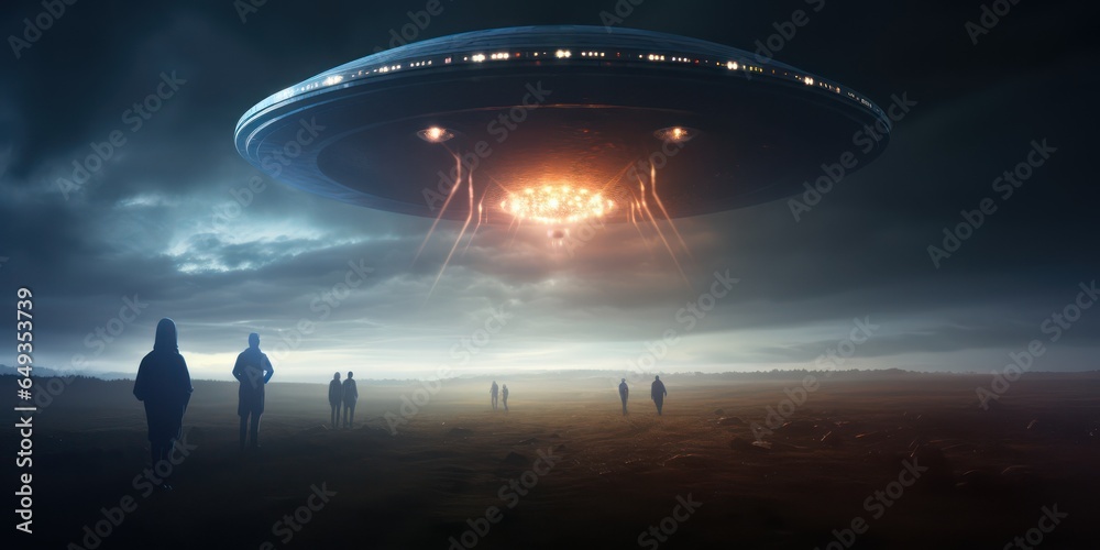Night photo of UFO - alien spaceship. Several people are fascinated looking at the UFO at night.