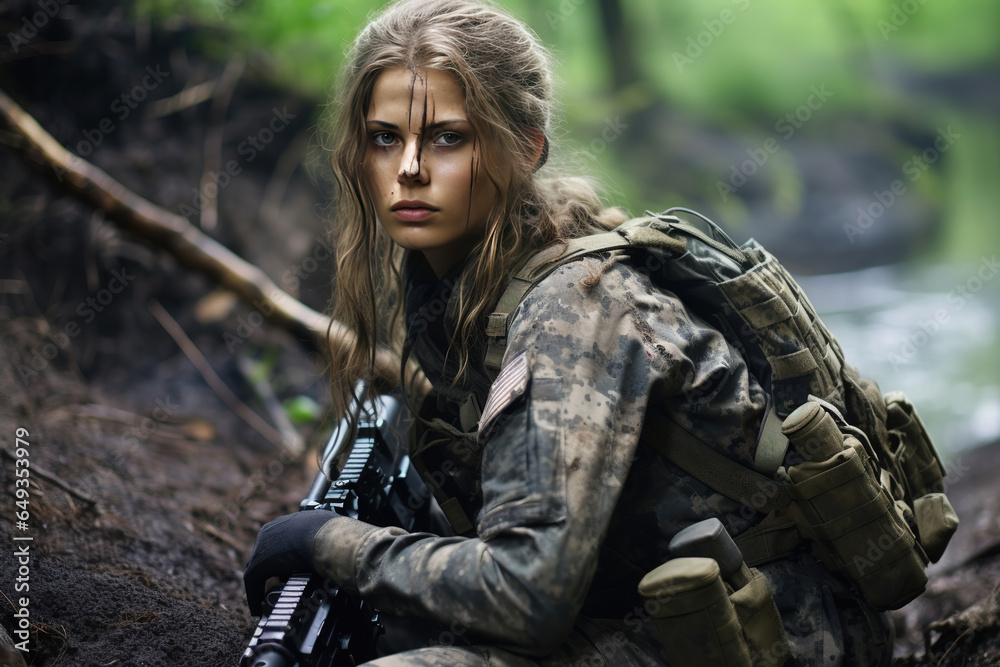 woman soldier hiding and waiting for attack in battle field, with copy space woman soldier hiding and waiting for attack in battle field, with copy space