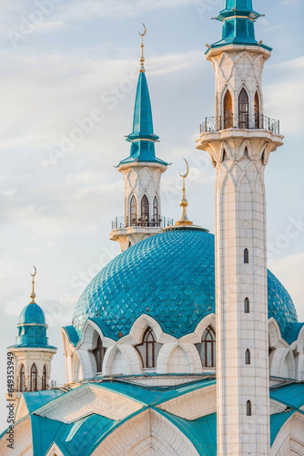 The main attraction of the city of Kazan. Kul Sharif Mosque on the background of a beautiful sky. Kremlin. Kazan City, Republic of Tatarstan, Russia, September 2023