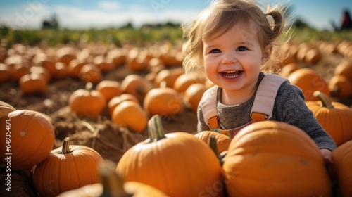 Beautiful little girl helping to harvest pumpkins growing in field on sunny autumn day. Happy cute child laughing picking pumpkins on Halloween.