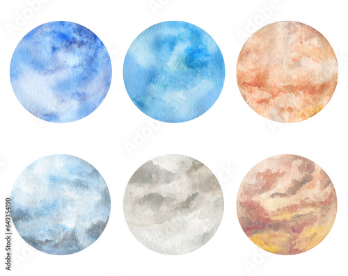 Hand painted watercolor sky and clouds. Abstract background drawn in a circle.