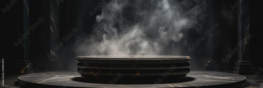 Black marble table podium with black stone floor in dark room with smokeBlack marble table podium with black stone floor in dark room with smoke