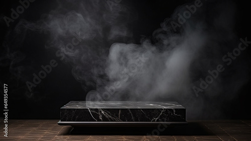 Black marble table podium with black stone floor in dark room with smokeBlack marble table podium with black stone floor in dark room with smoke photo