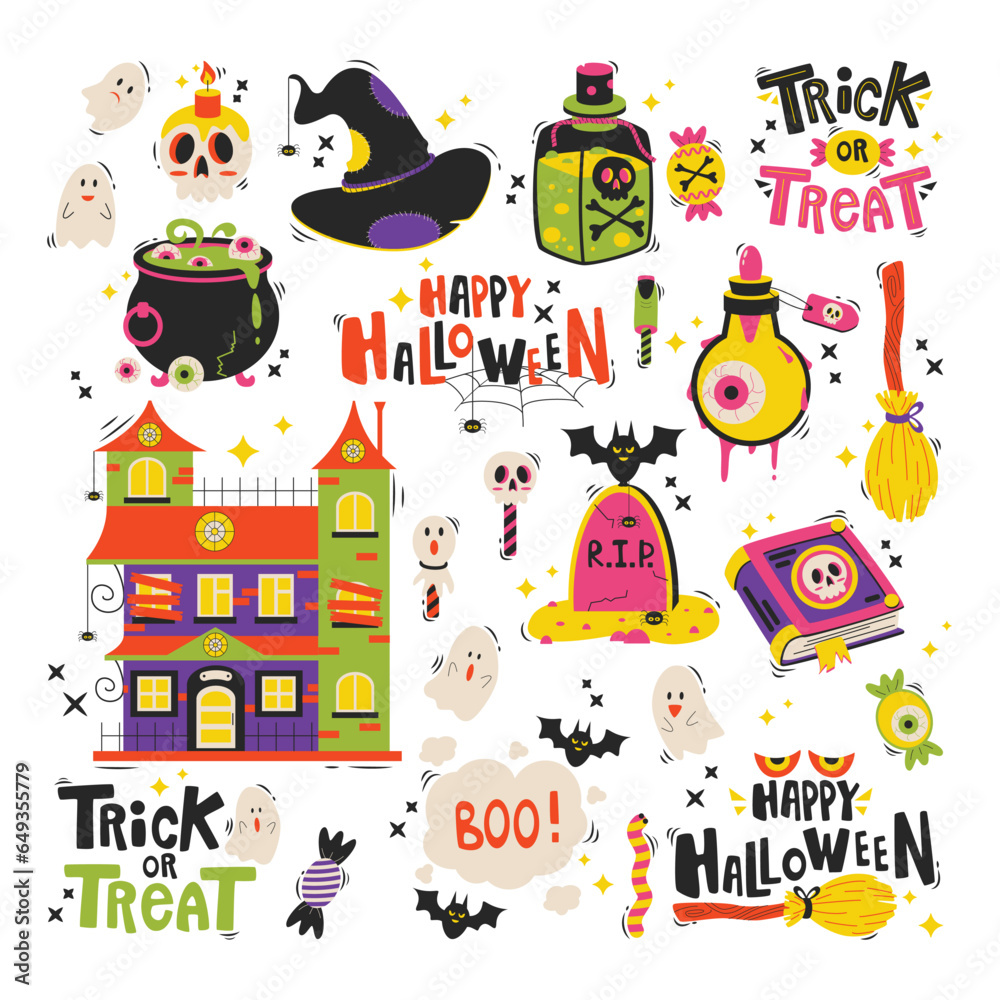 Set of cartoon Halloween elements and lettering. Happy Halloween. Trick or treat.