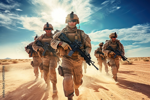 Team of United states airborne infantry men with weapons moving patrolling desert storm. Sand, blue sky on background of squad, sunlight, front view photo