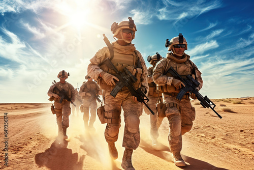 Team of United states airborne infantry men with weapons moving patrolling desert storm. Sand, blue sky on background of squad, sunlight, front view photo