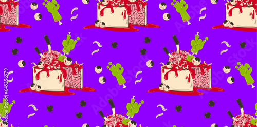 Colorful pattern for Halloween. Sweets for zombies with brains and blood in retro cartoon style. Vector holiday background in flat style.