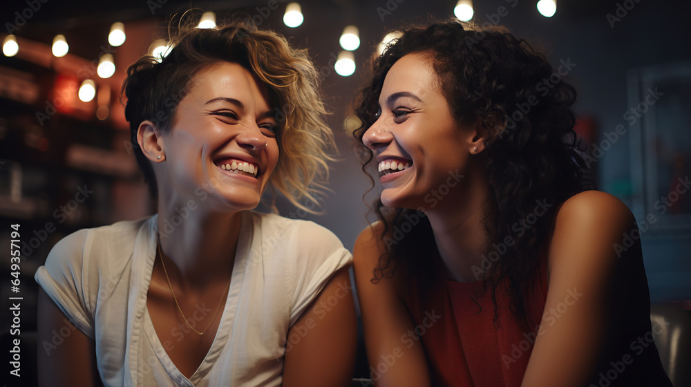 Two interracial best friends laughing and having a good time together in a studio.