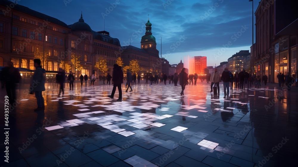 A vibrant city square bustling with activity during the evening time, showcasing the innovative Pavegen technology. The technology captures the kinetic energy of pedestrians walking over the square.