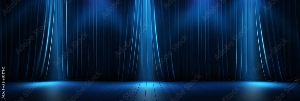 Blue curtains with a spotlight background - obrazy, fototapety, plakaty 