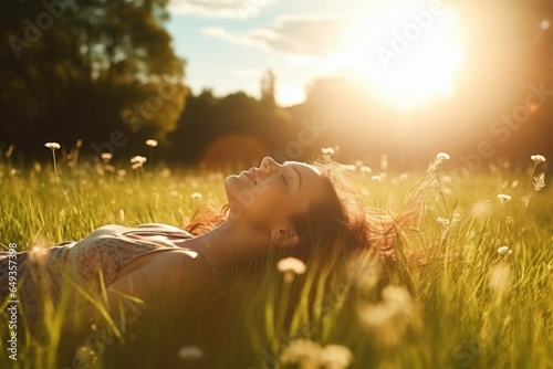 Fototapeta Naklejka Na Ścianę i Meble -  Cheerful young woman smiling and enjoying in the sunset. Woman lying on the grass young woman laying in a field of bluebonnet wildflowers