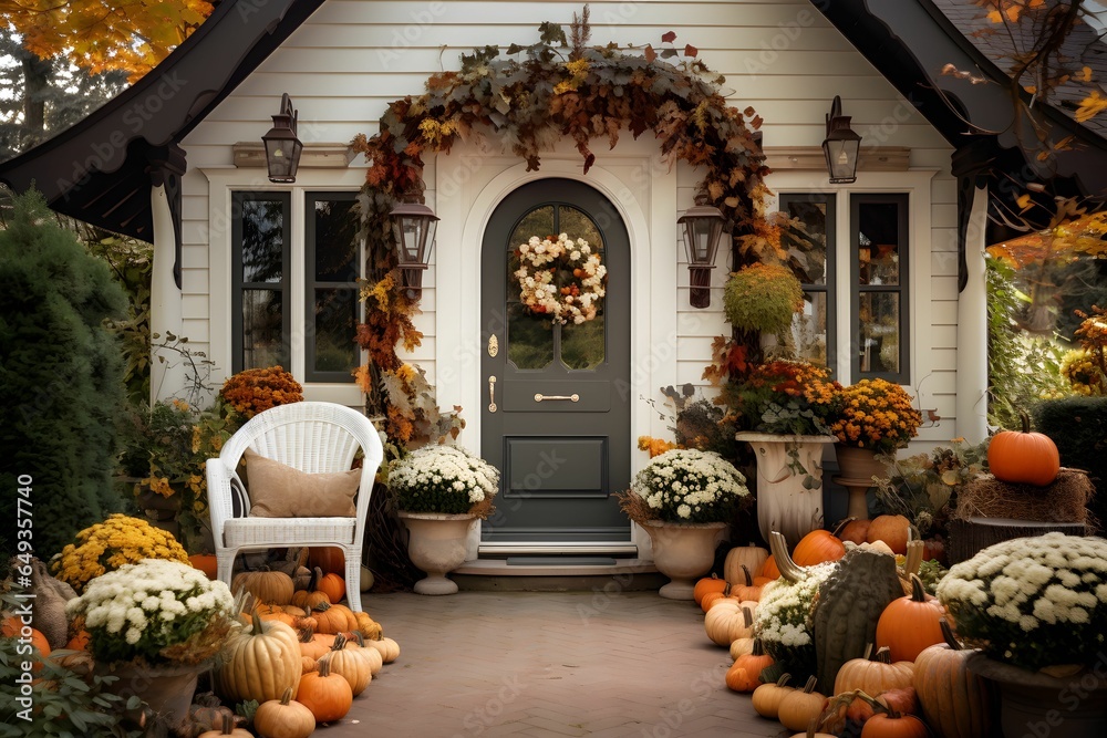 Front house in Halloween day and Autumn, cozy cottage. October