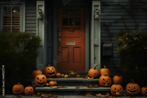 Front house in Halloween day and Autumn, cozy cottage. October