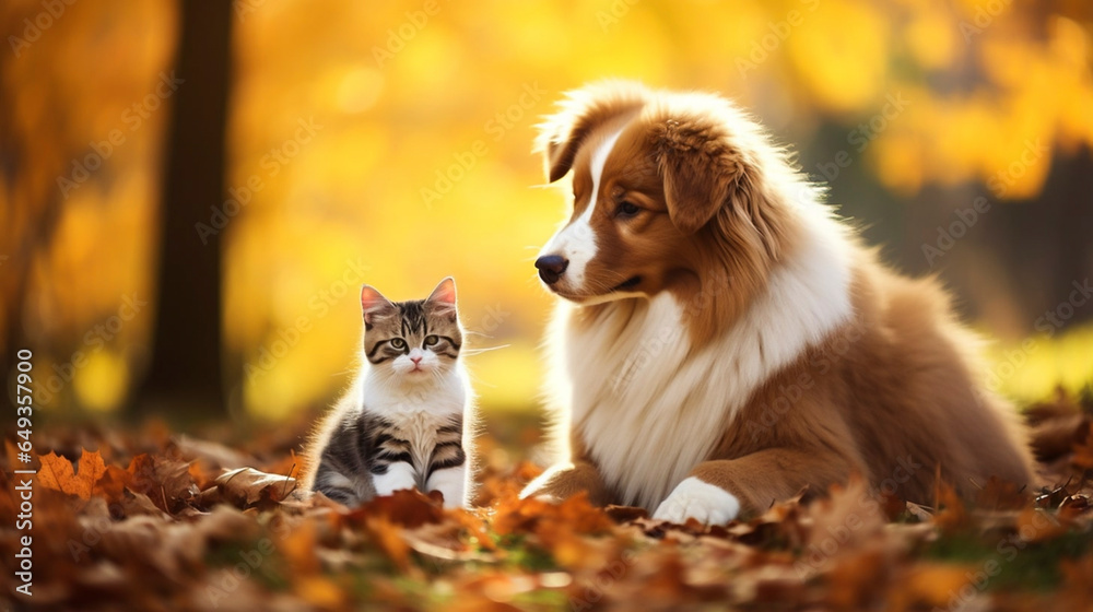 Beautiful cute dog and cat posing in an autumn park. Cute pets posing in an autumn forest. Best friends forever. Cute sweet dog and cat. Adorable couple. Sweet animals.