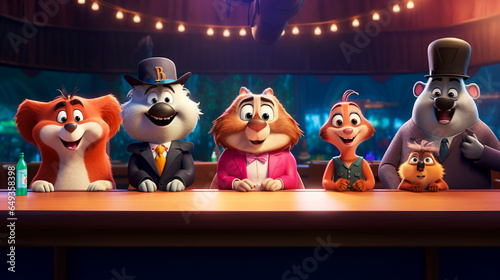 Funny cartoon animals are sitting at the table.