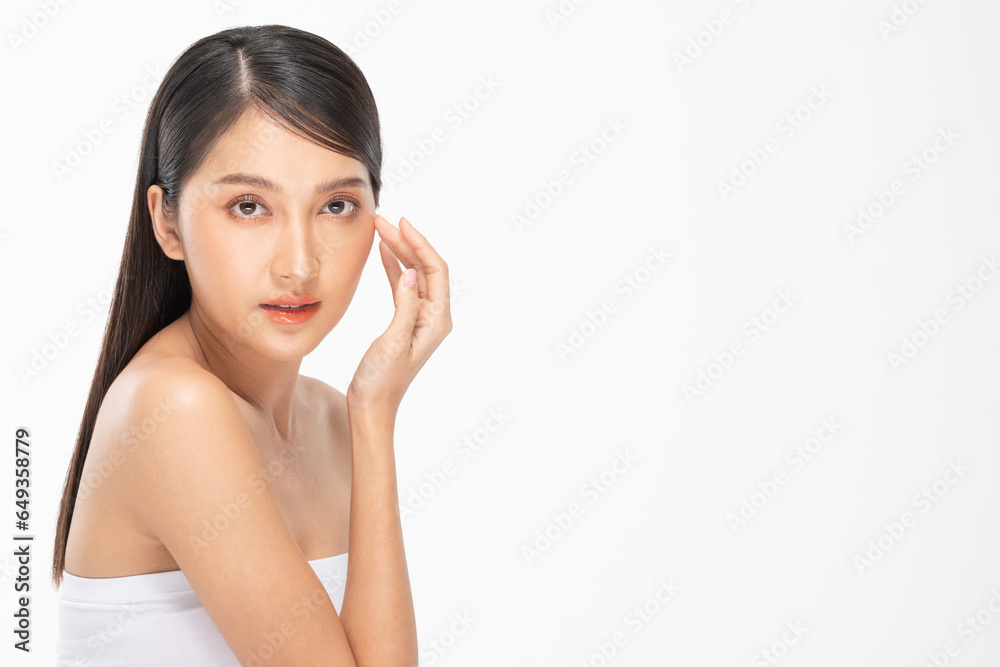 Beautiful Asian woman touching soft cheek smile with clean and fresh skin Happiness and cheerful with positive emotional,isolated on white background,Beauty Cosmetics and spa facial treatment Concept Beautiful Asian woman touching soft cheek smile with clean and fresh skin Happiness and cheerful with positive emotional,isolated on white background,Beauty Cosmetics and spa facial treatment Concept