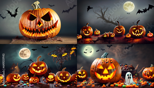 Collection of dreadful Halloween pumpkins surrounded by bats, caravels, ghosts, skeletons and candy. Set of4 different images created by generative AI. © juanorihuela