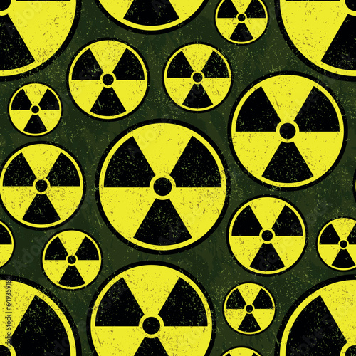 Radioactive nuclear symbol over green background with worn out effect seamless pattern