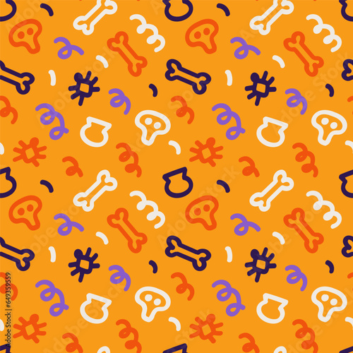 Colorful squiggle Halloween party seamless pattern. Cute orange purple white elements. doodle background illustration of autumn celebration decoration and childish creative abstract scribbles on white