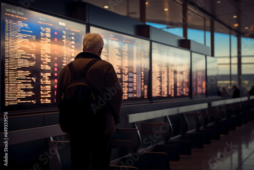 Senior man checking the international airport screens for their flight and boarding information.