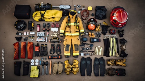 Gear on the ground, preparedness, emergency response, safety dedication. Generated by AI.