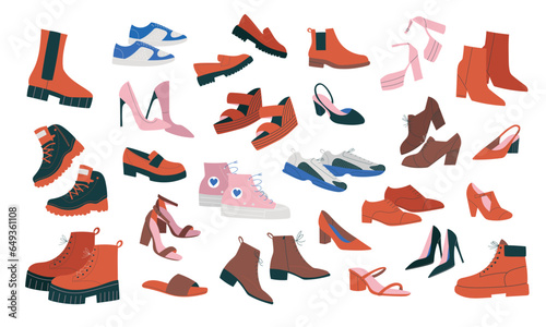 Big set with different shoes, boots and other footwear. Hand drawn isolated vector illustration in flat design