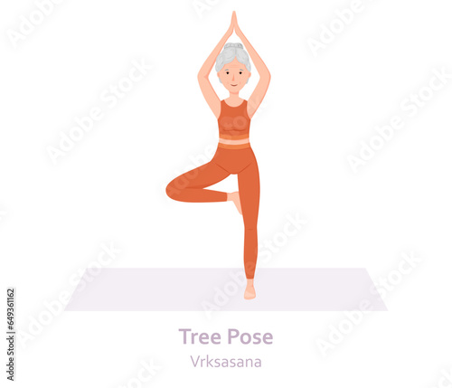 Tree Yoga pose. Vrksasana. Elderly woman practicing yoga asana. Healthy lifestyle. Flat cartoon character. Vector illustration
